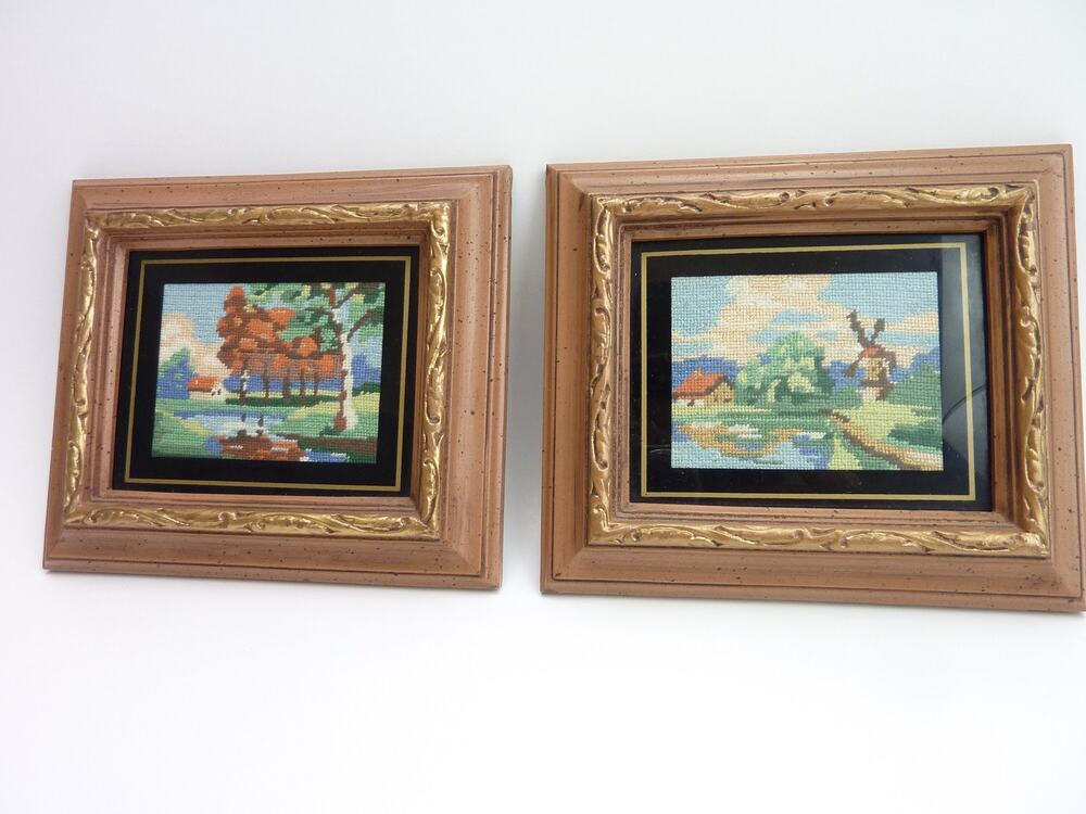 Vintage Petit Needlepoint Landscape Scenes Americana Small Framed Needlepoint